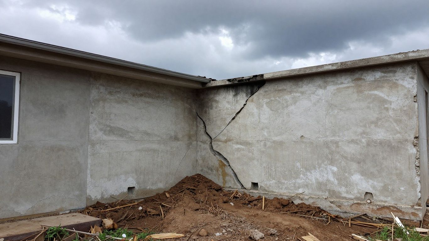 Cracked house foundation with water damage and shifting earth.