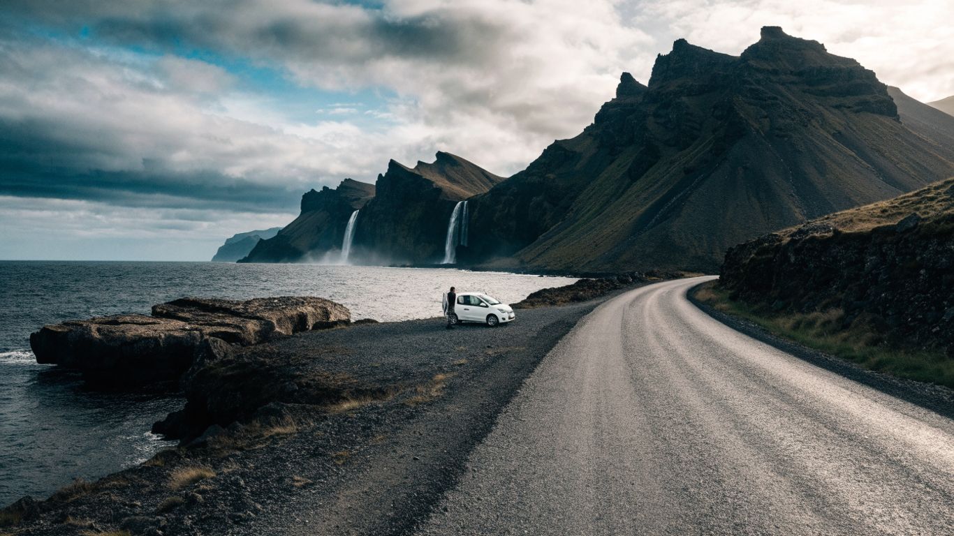 A lone traveler beside Iceland’s rugged coastal road