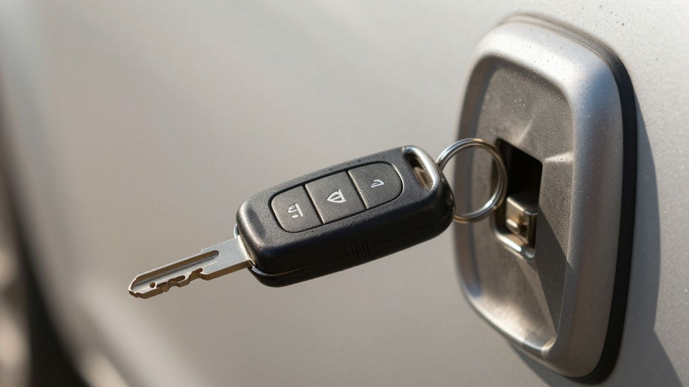 Car key unlocking a car door.