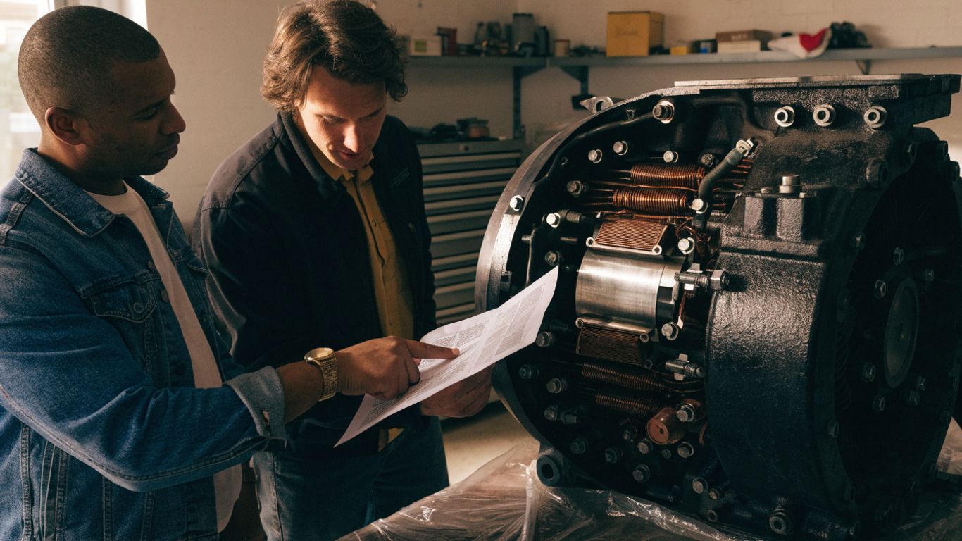 Seller reviewing engine test paperwork beside a motor