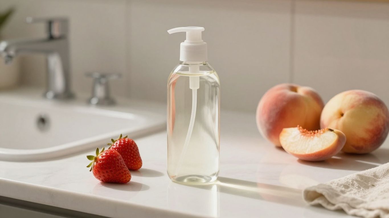 Glass bottle of flavored lubricant beside fruit
