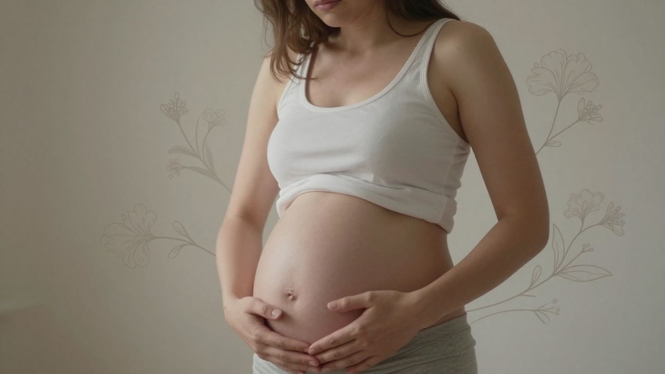 Mulher com expressão pensativa tocando o abdômen.