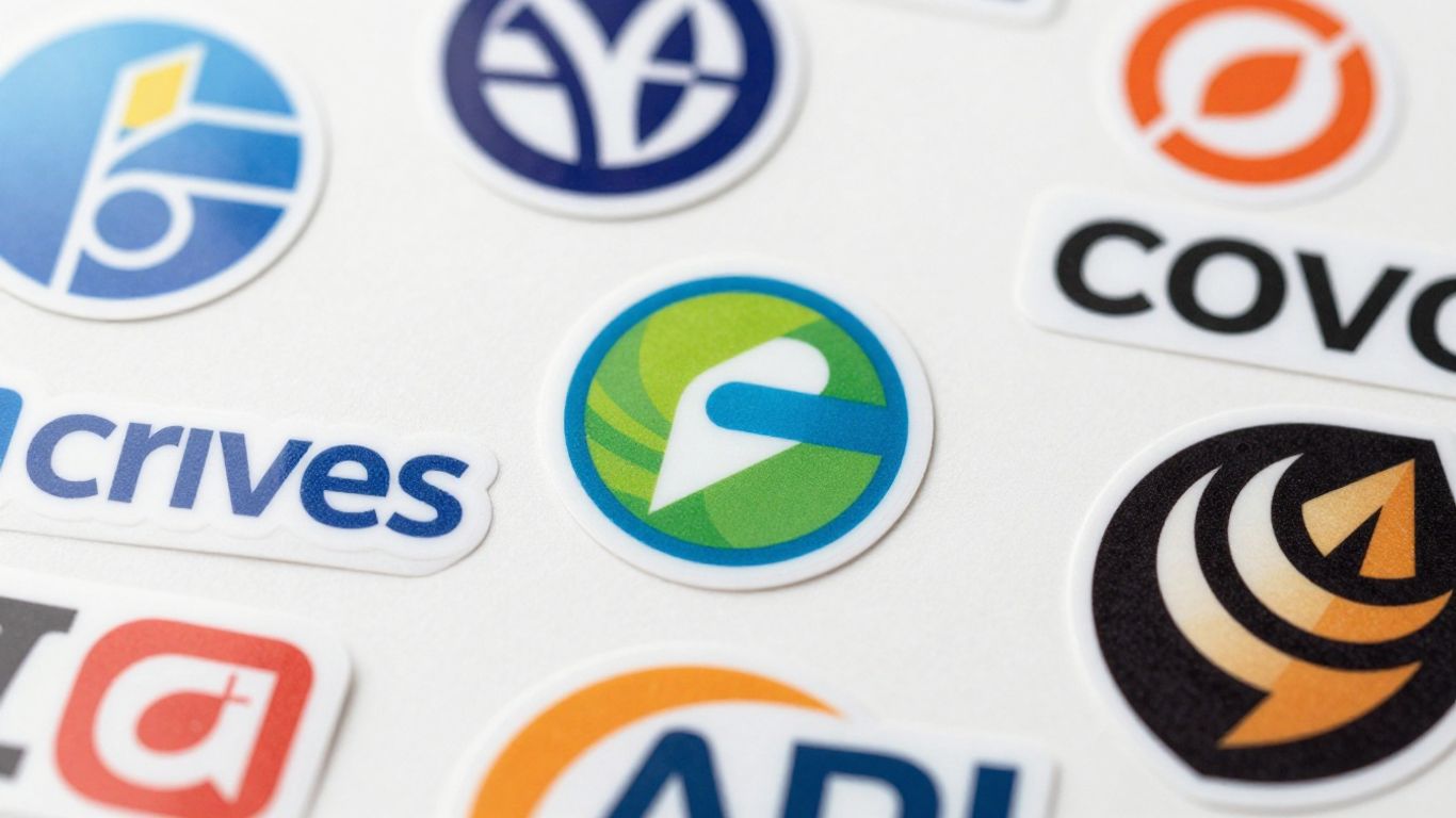 Business stickers and labels with brand logos and patterns.