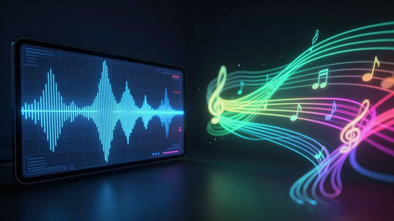 Suno vs. Udio interfaces with abstract soundwaves and musical notes.