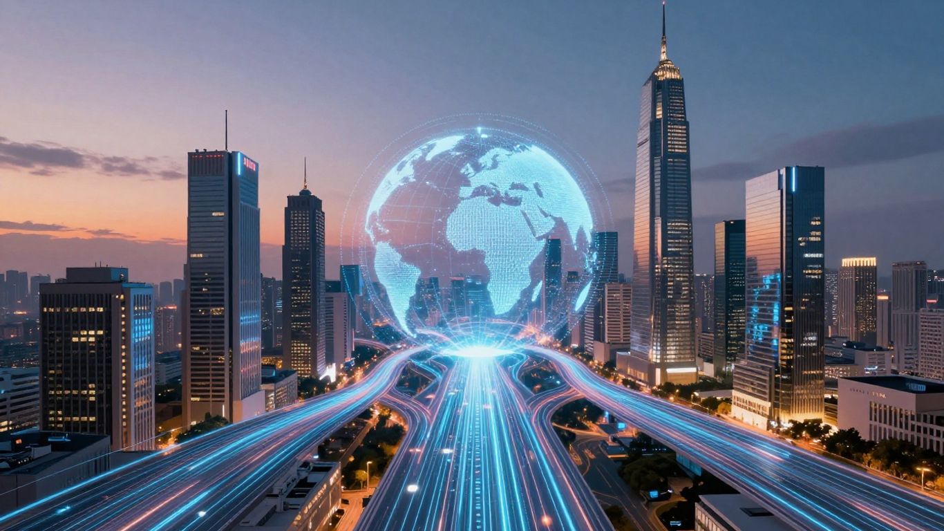 Futuristic cityscape with digital pathways and glowing data streams.