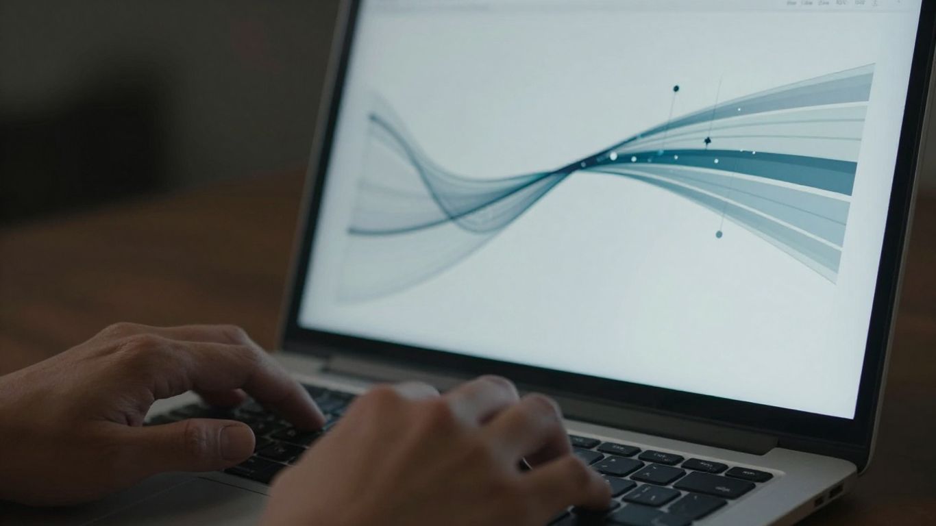 Hands typing on a laptop with data flow visualization.