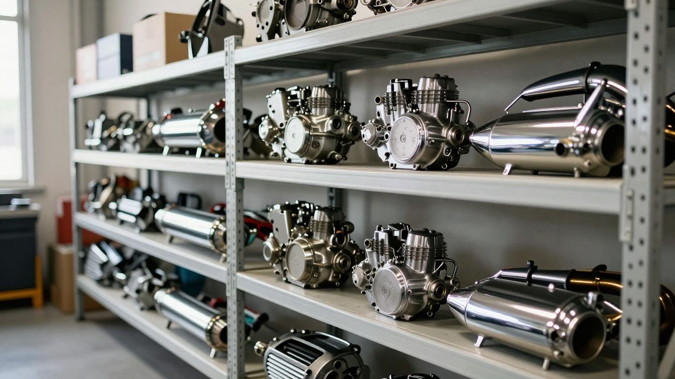 Used Suzuki parts displayed in a tidy warehouse