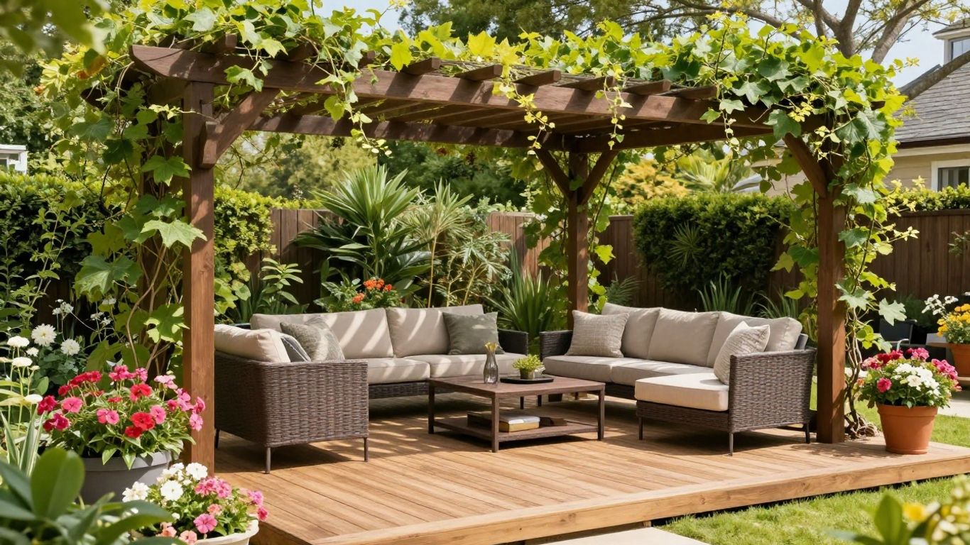 Modern deck and pergola with outdoor furniture and flowers.