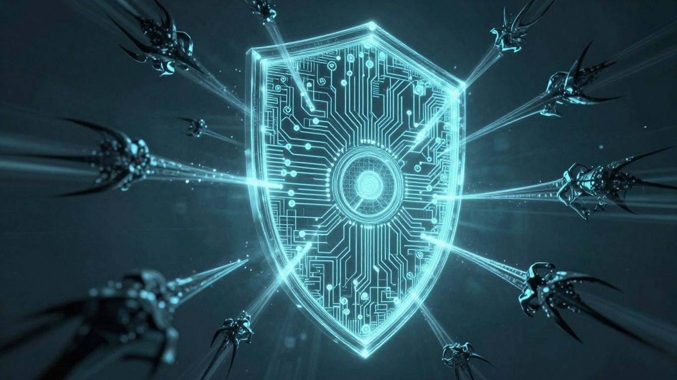 Digital shield blocking shadowy cyber threats.