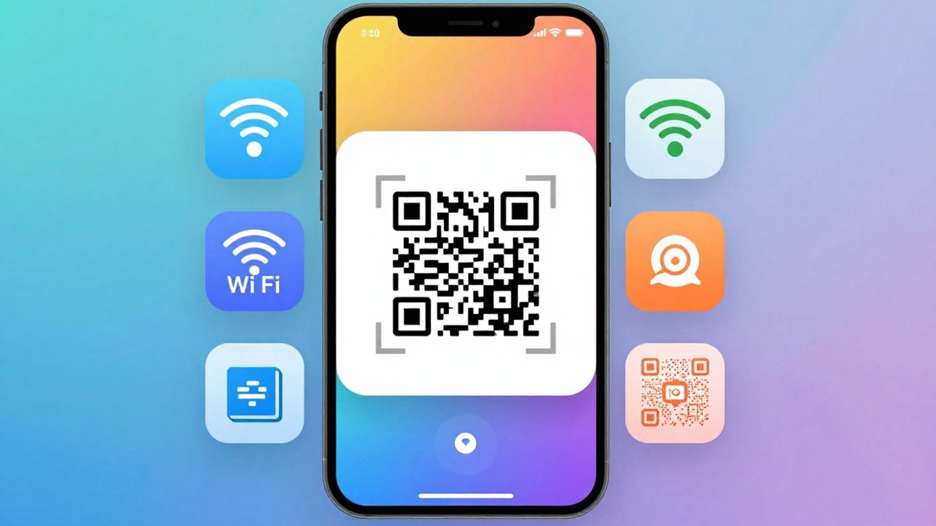 Android phone scanning a QR code with format icons.