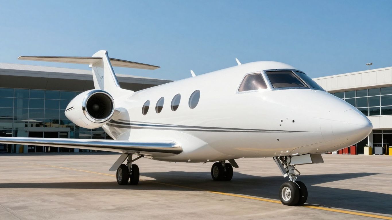 Private jet on tarmac, ready for flight.