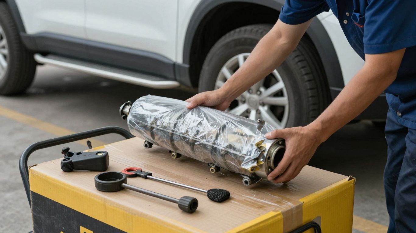Mechanic receiving a boxed replacement car part