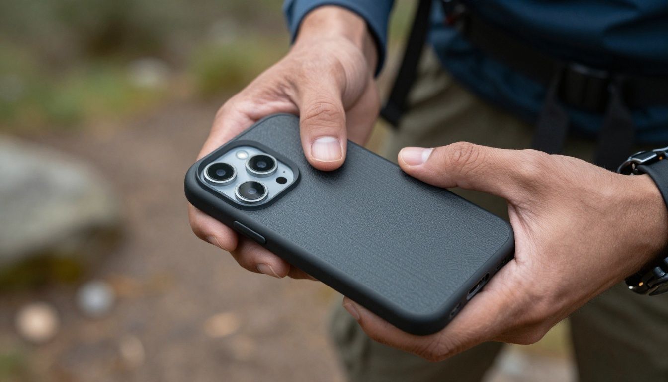 Close-up of a person's hands securely gripping an iPhone 16 Plus in a textured case while hiking on a trail in the Blue Mountains.