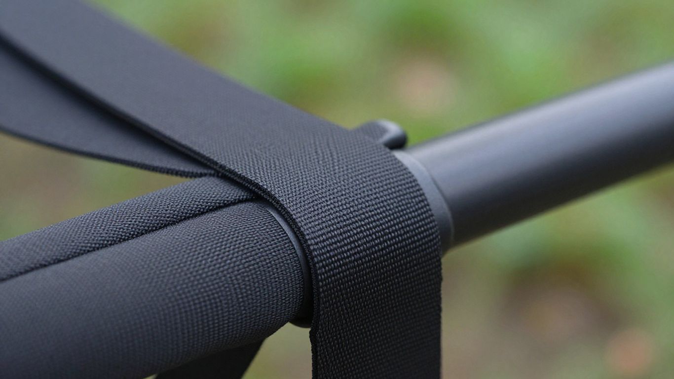 Close-up of vinyl webbing straps on garden furniture.