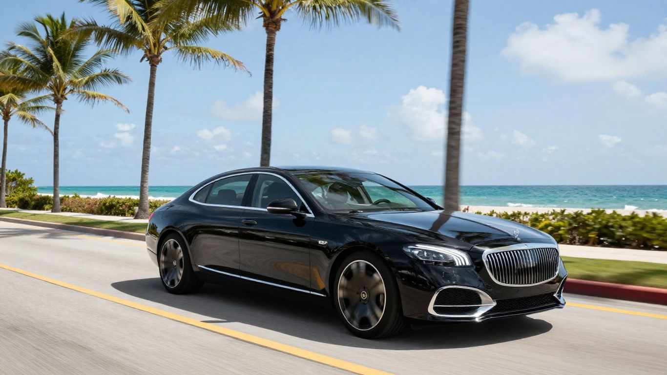 Luxury car driving on a scenic West Palm Beach road.