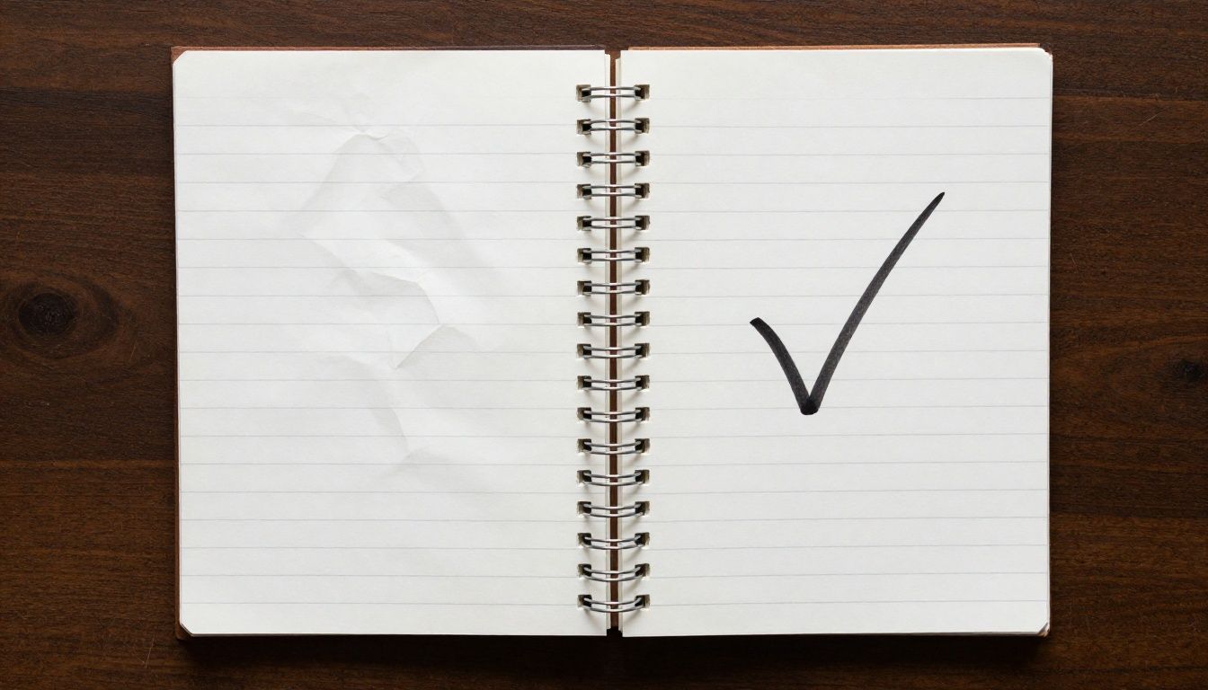 A split image showing a crumpled, complex to-do list on one side and a single, clear checkmark on a clean notebook on the other, symbolizing the shift from chaotic productivity to focused consistency.