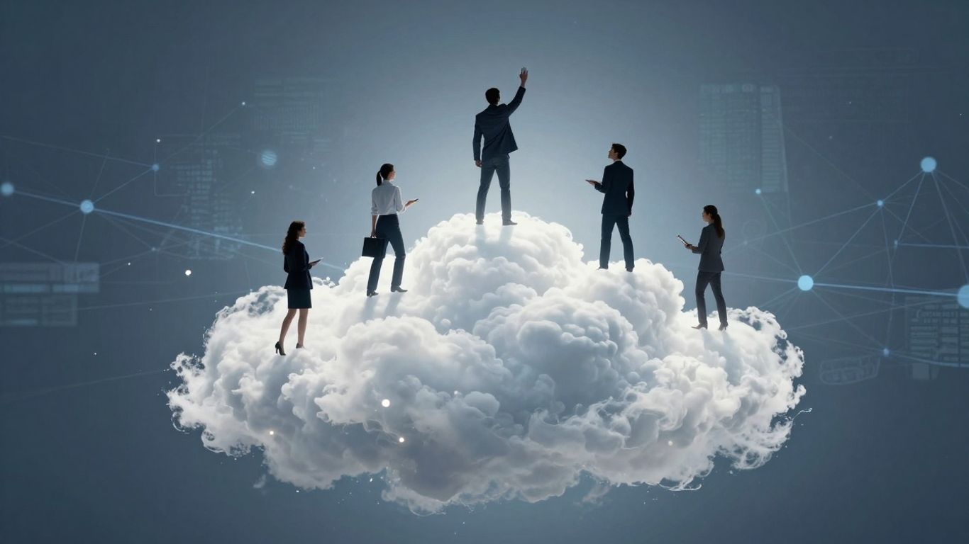 Business professionals ascending a glowing cloud formation.