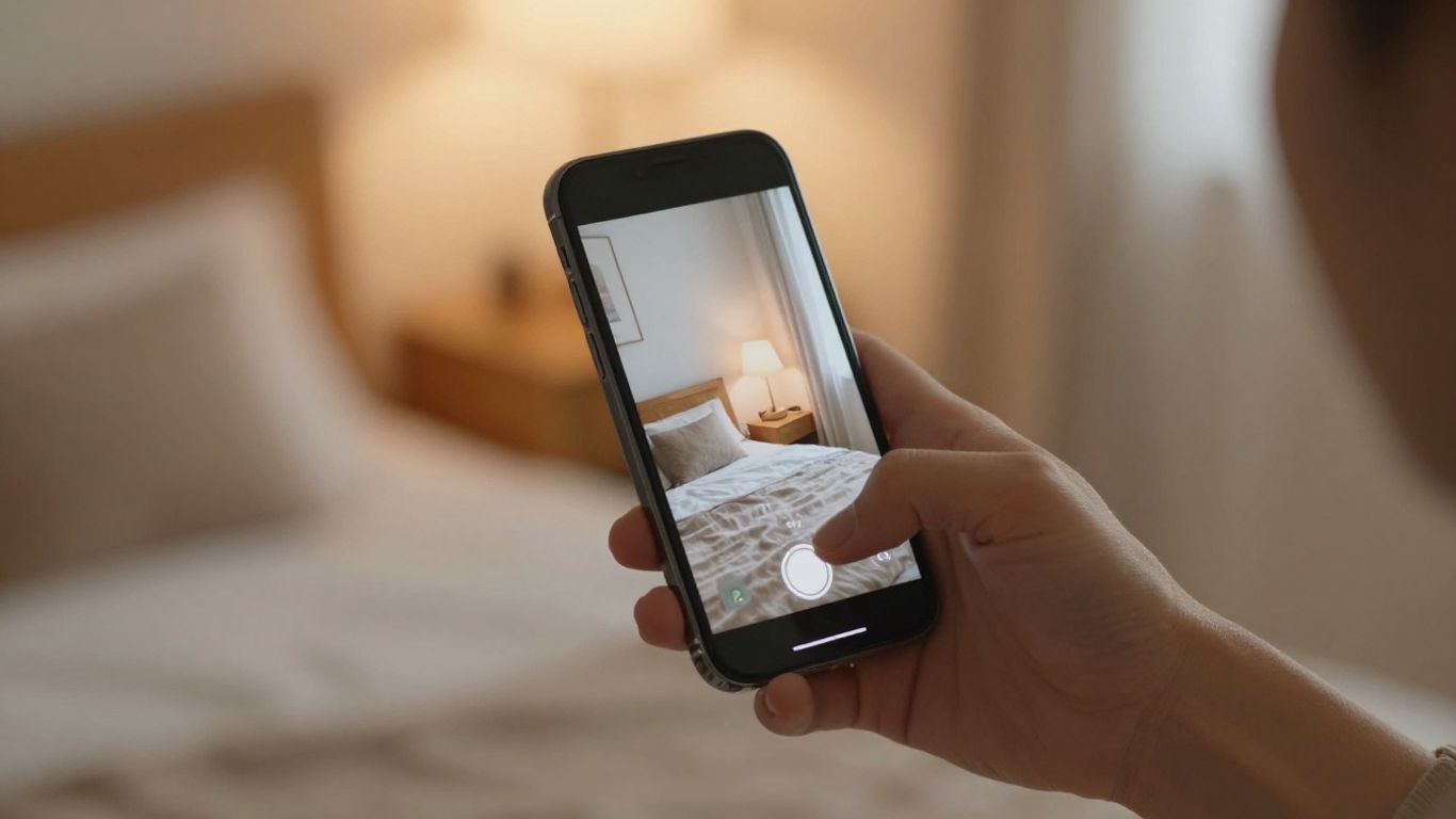 Persona usando celular en habitación con luz tenue.