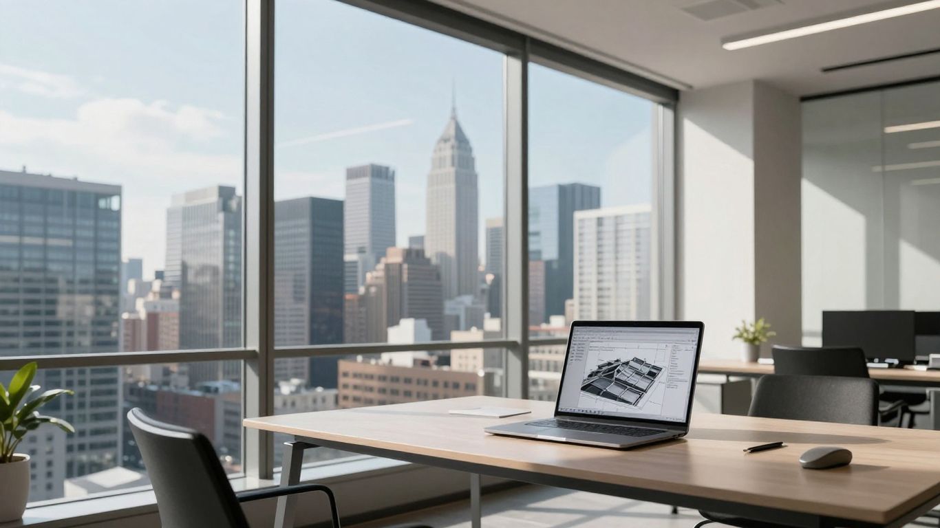 AccuLynx Chicago office with city view and laptop.