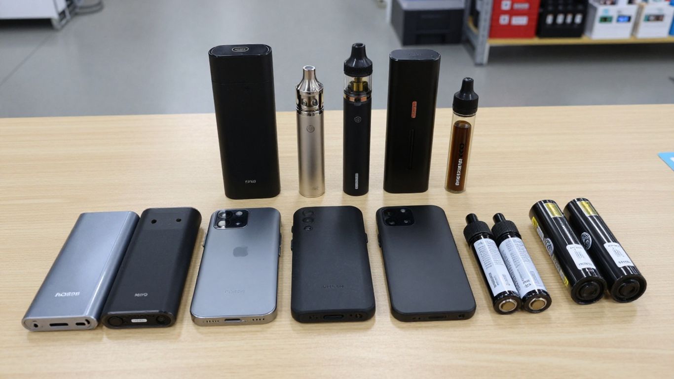 Vape devices and separate batteries prepared for review