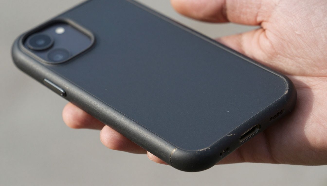 A close-up of a worn phone case with visible cracks and scuffs on the corner, held in a person's hand.