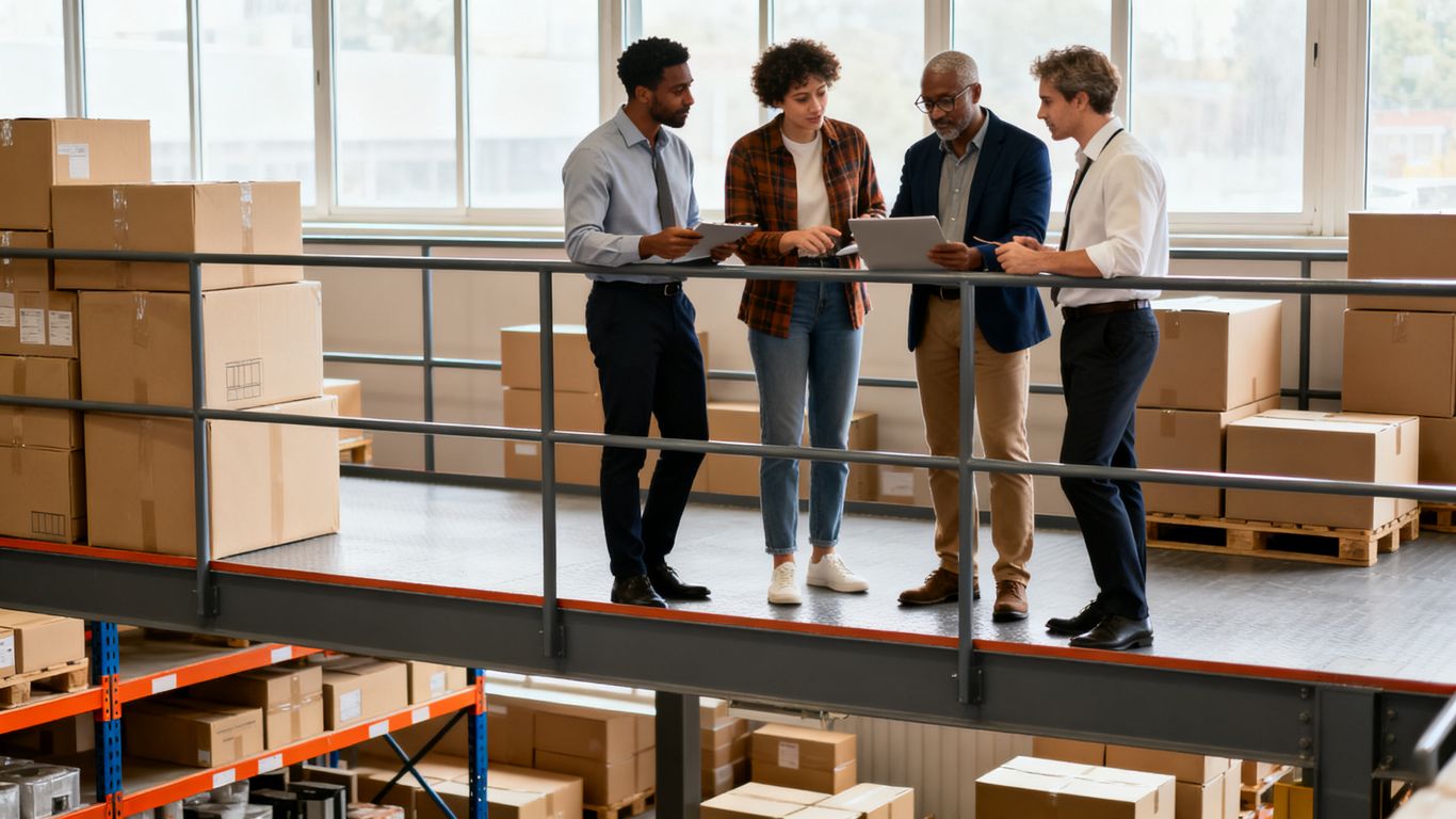 Business leaders reviewing operations in a distribution facility