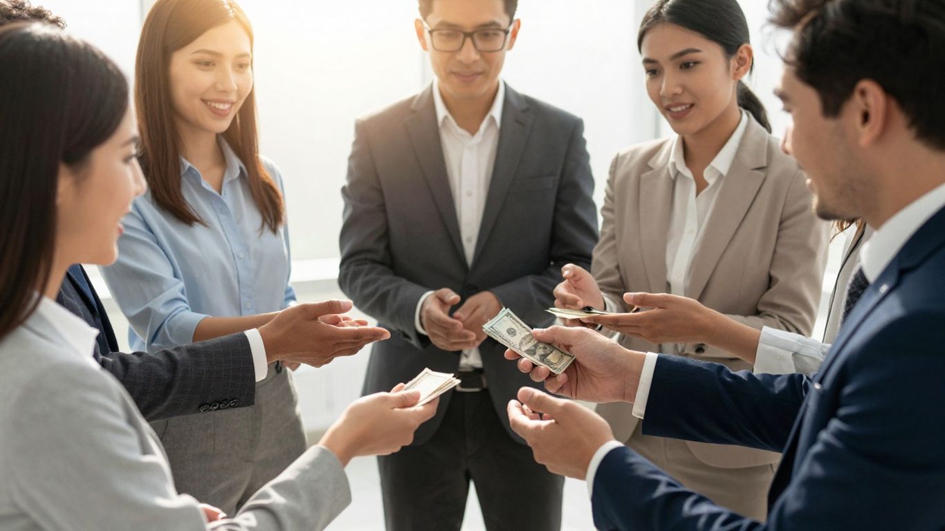 People in business attire collaborating and shaking hands.