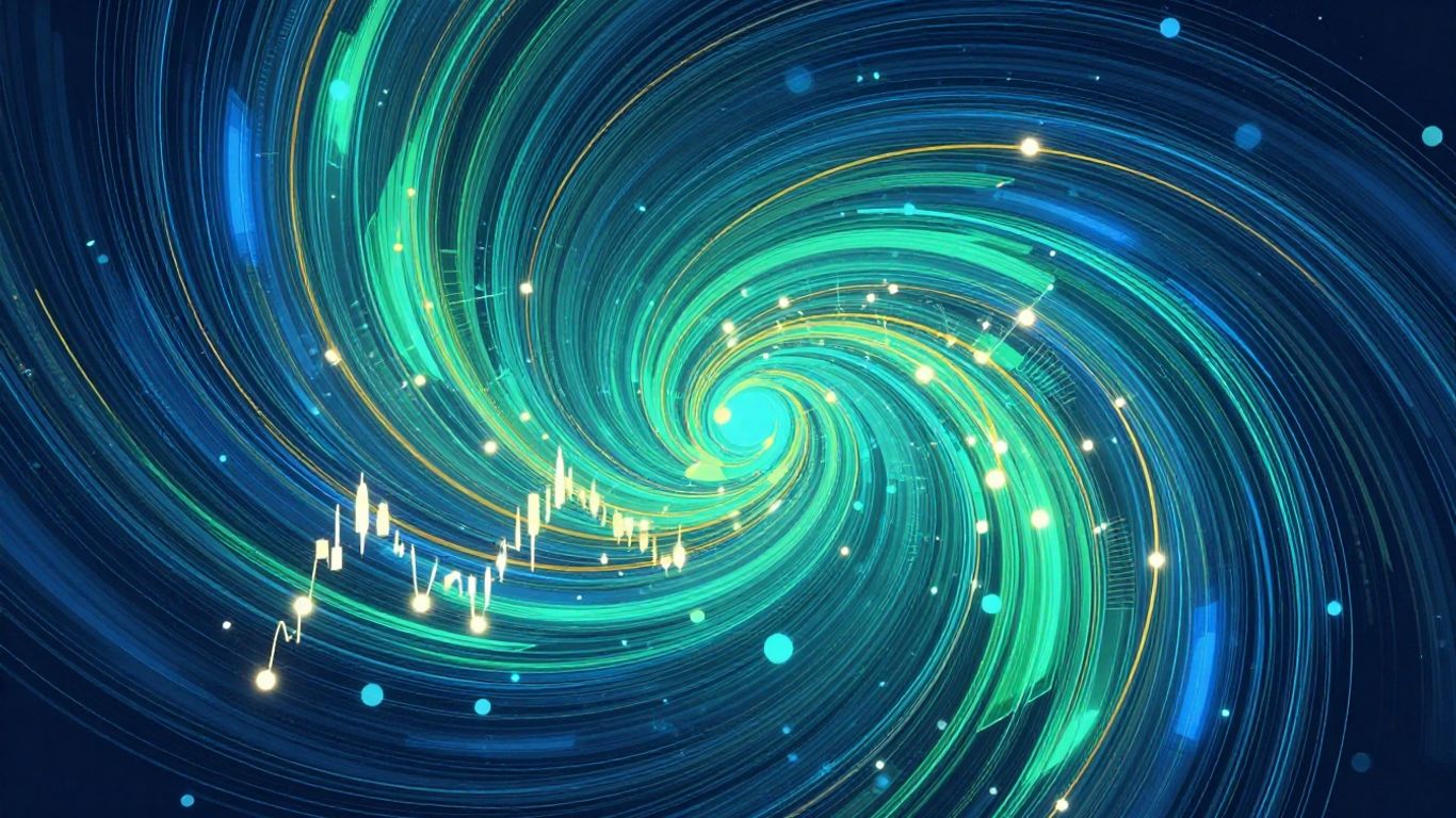 Abstract financial data visualization with swirling lines and geometric shapes.