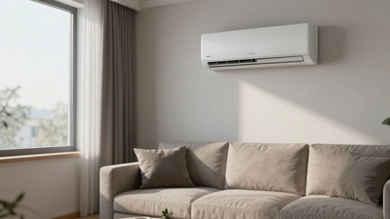 Climatisation réversible intérieure moderne dans un salon lumineux.