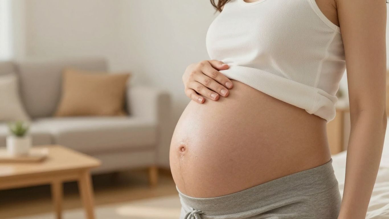 Mujer embarazada tocando su vientre en la semana 8.