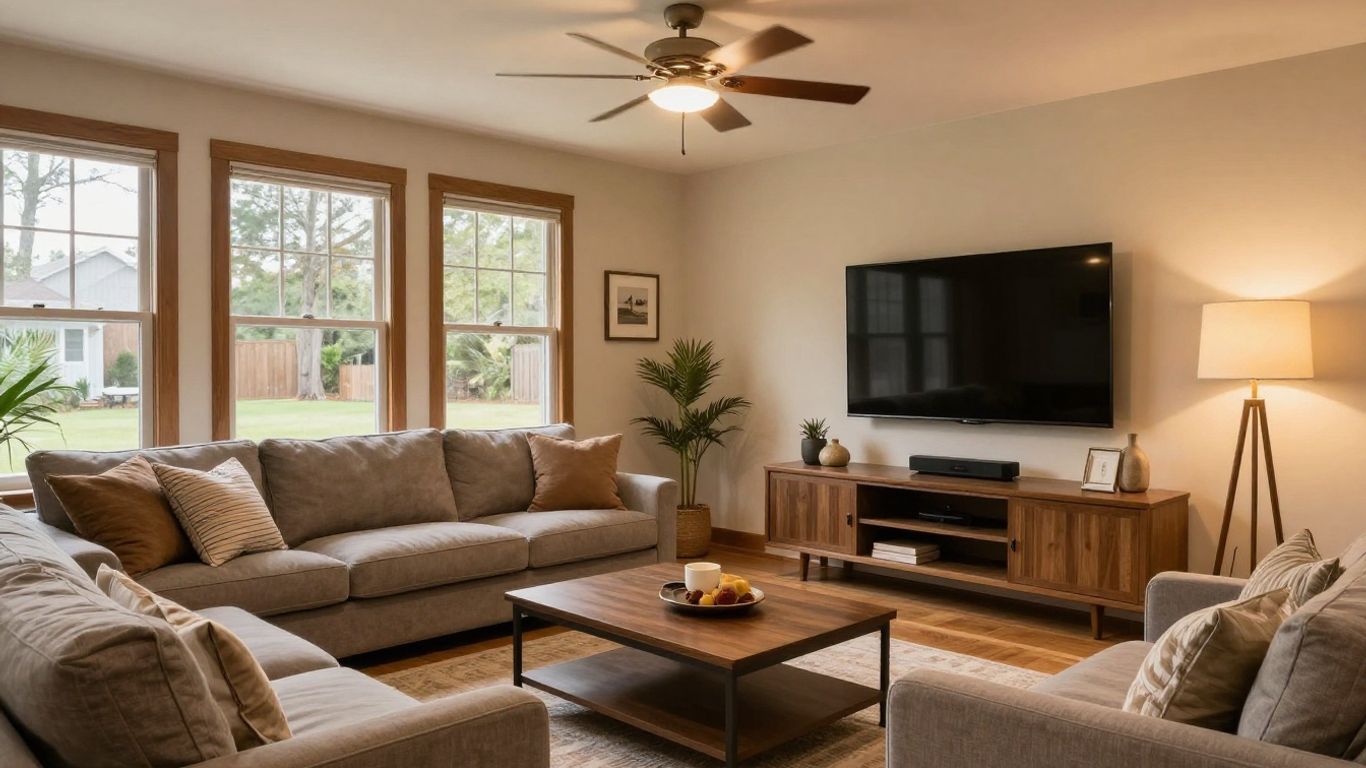 Finished basement living area in Suwanee, Georgia.