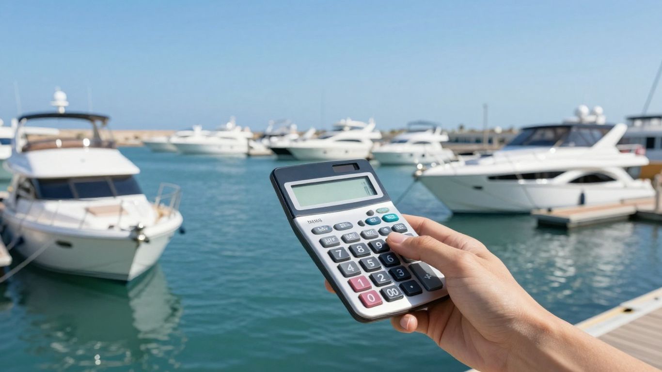 Yachts in a marina with a calculator and boat loan documents.