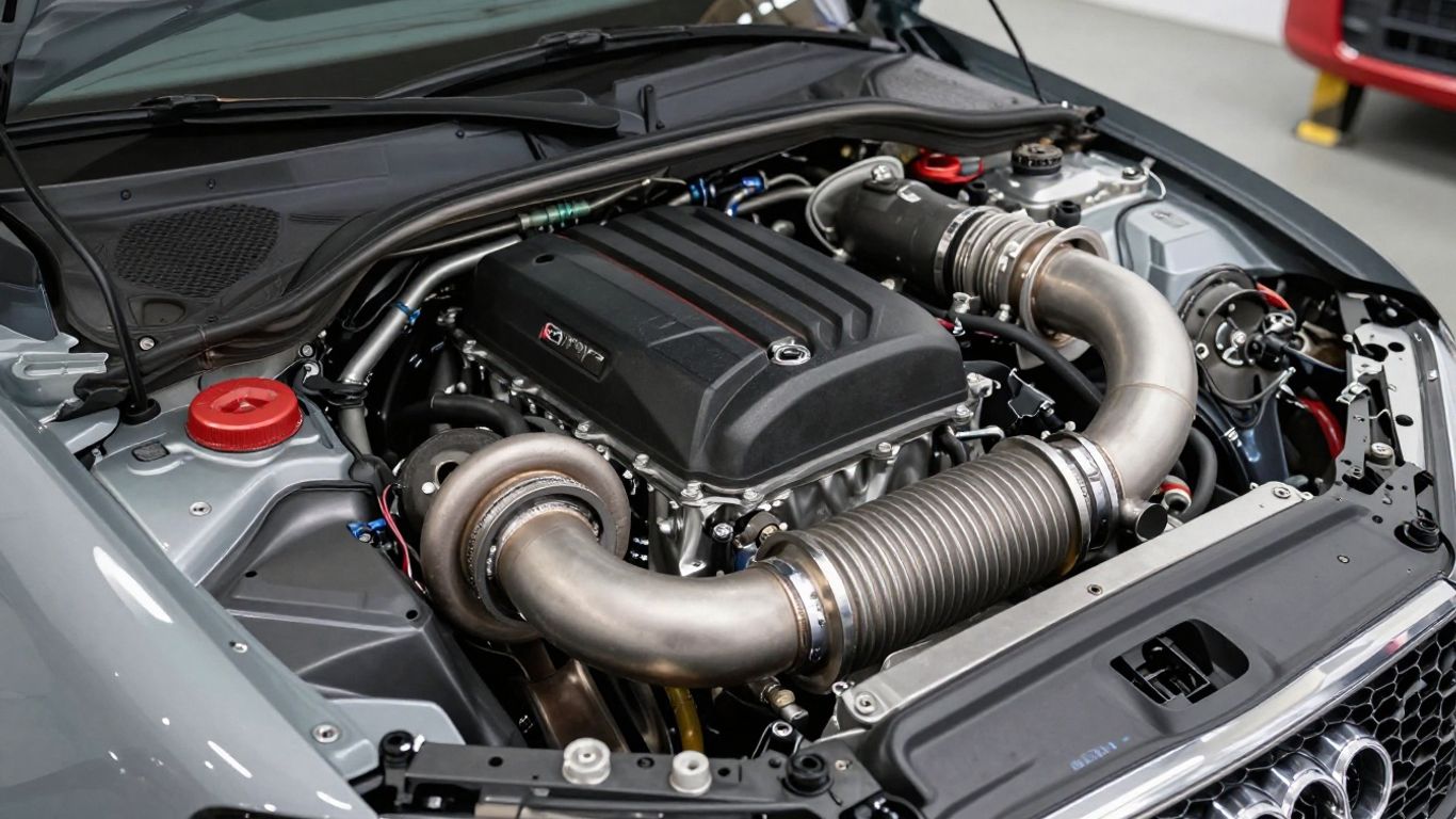 Photographic close view of a modified Audi RS3 engine bay with intake piping, turbo hardware, intercooler, metallic components, realistic workshop lighting, crisp mechanical detail