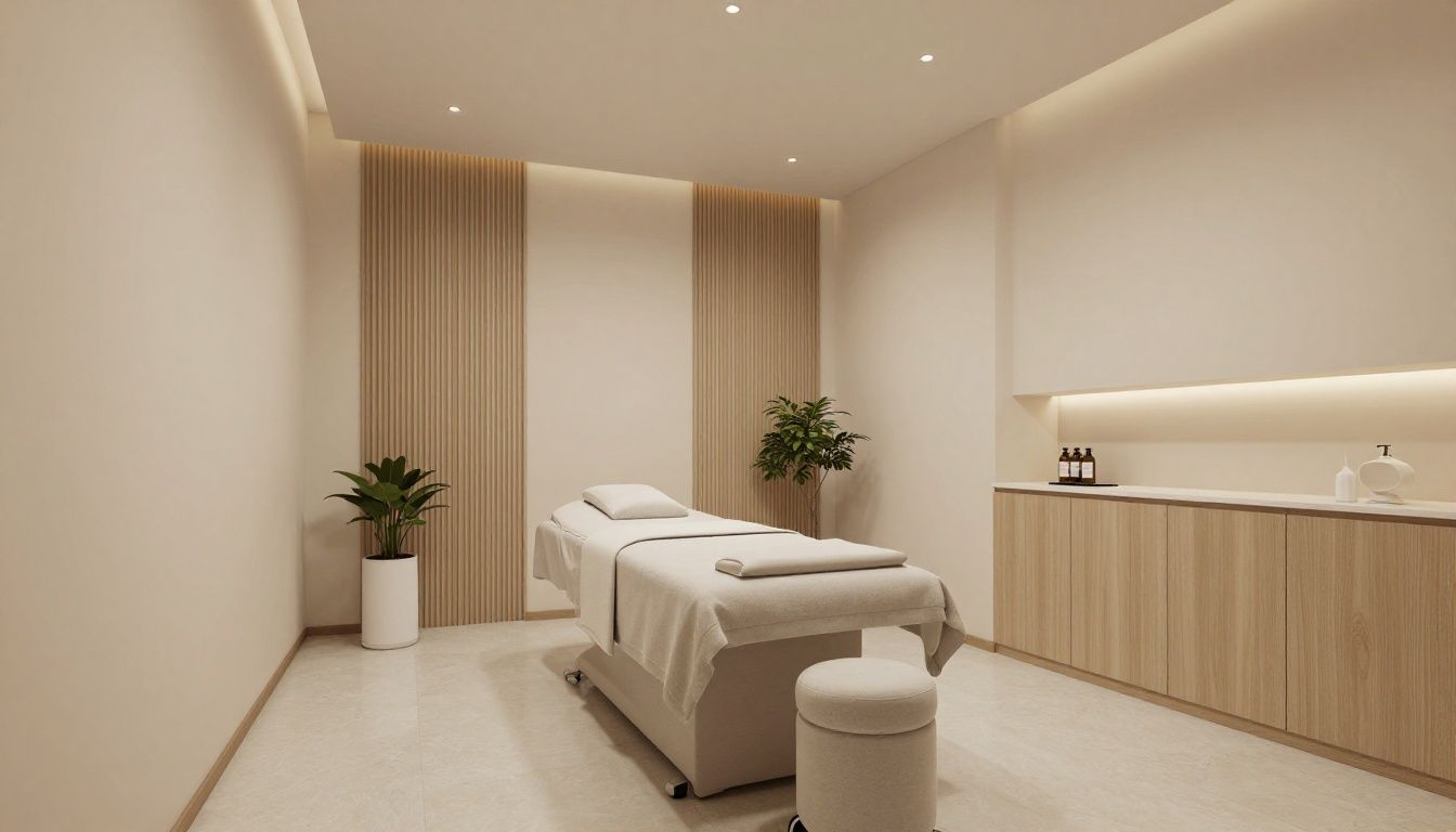 A serene and modern medical spa treatment room with soft lighting and comfortable furniture