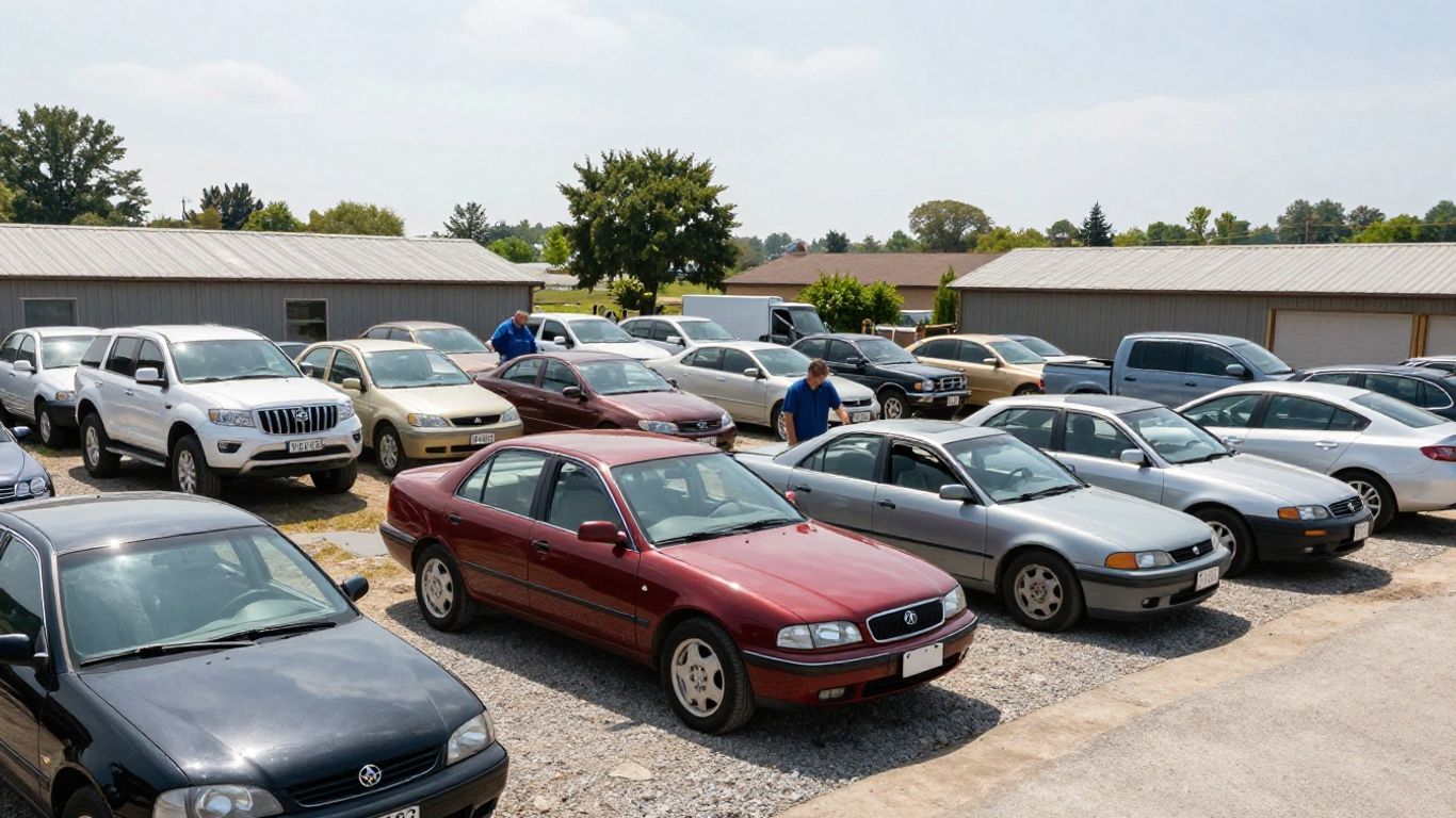 Organized auto salvage yard with rows of vehicles