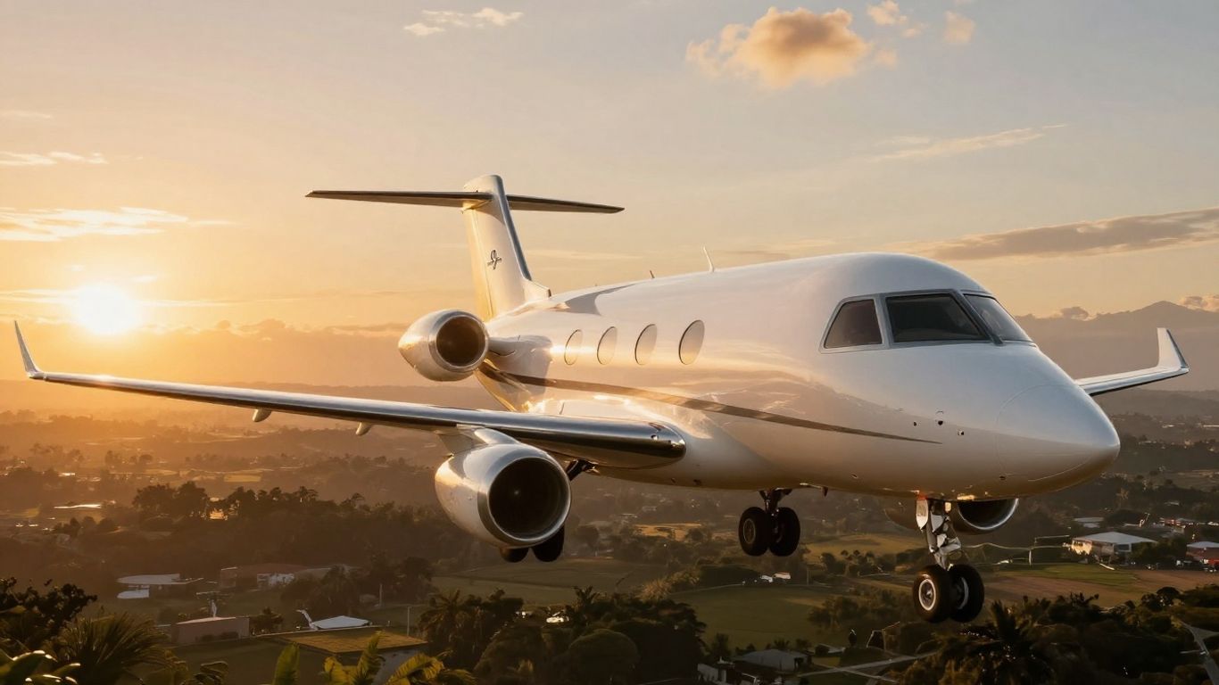 Four Seasons private jet flying over scenic landscape at sunset.