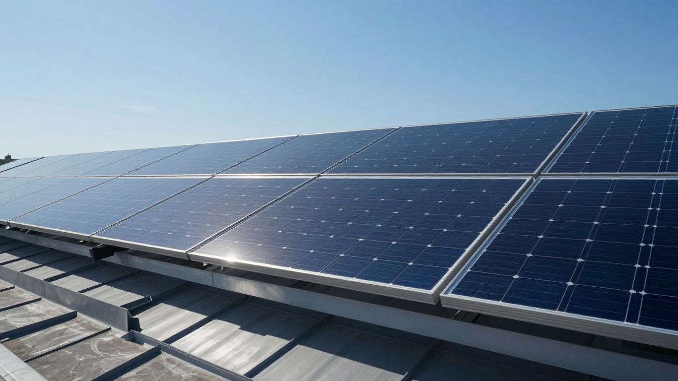 Panneaux solaires sur un toit sous un ciel bleu.