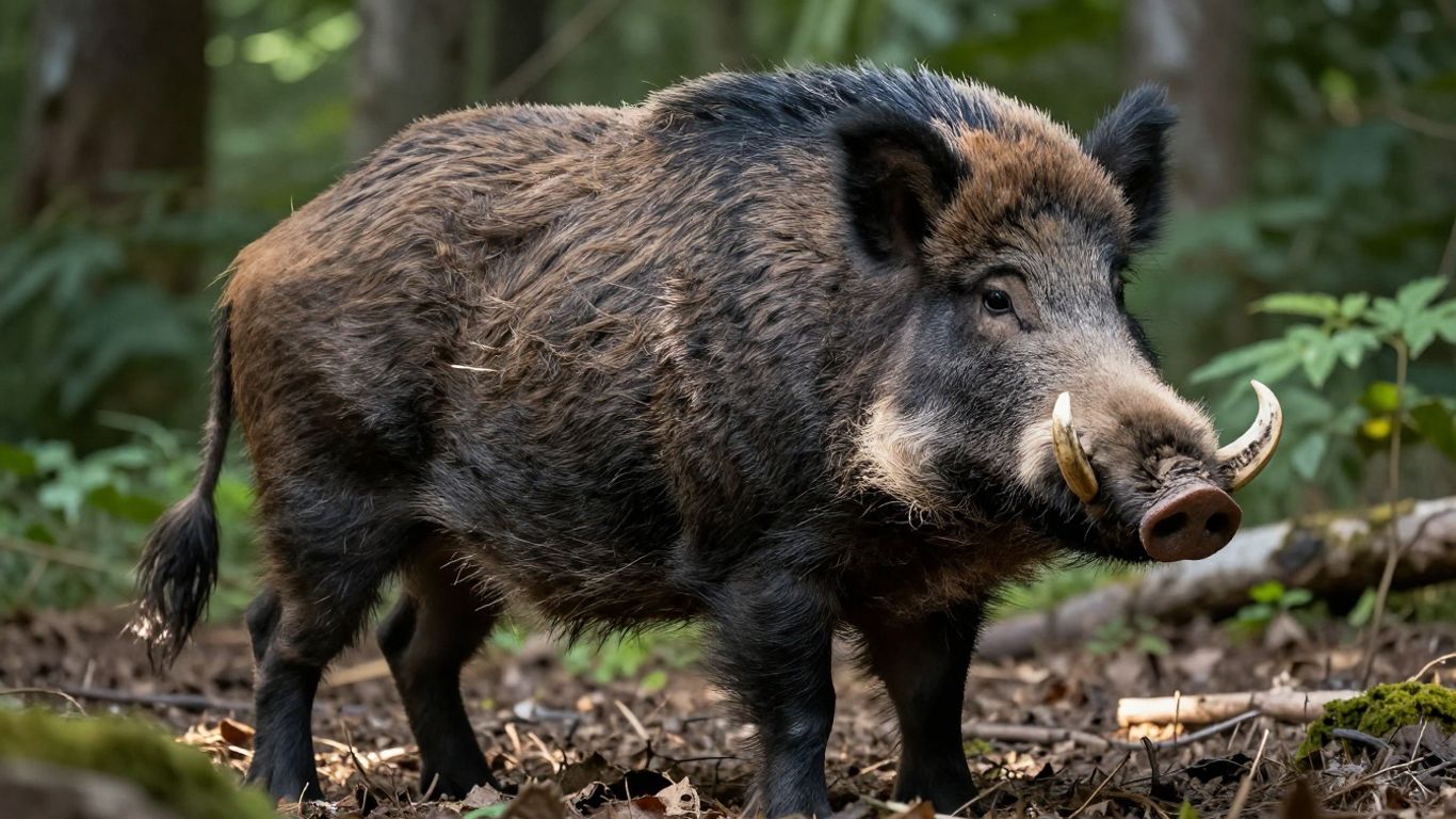 Javali grande e musculoso em floresta densa.