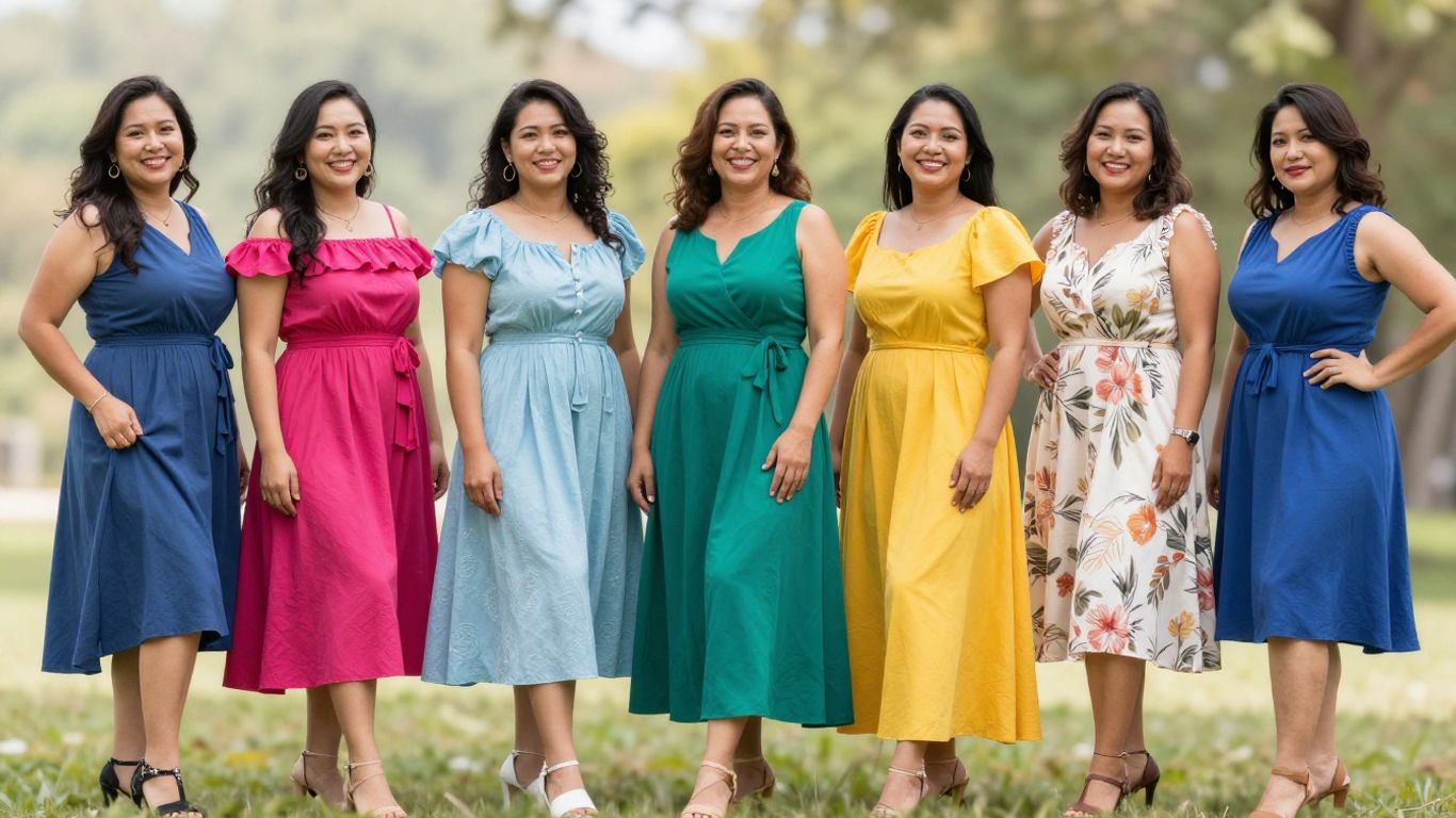 Women in various A-line casual dresses.