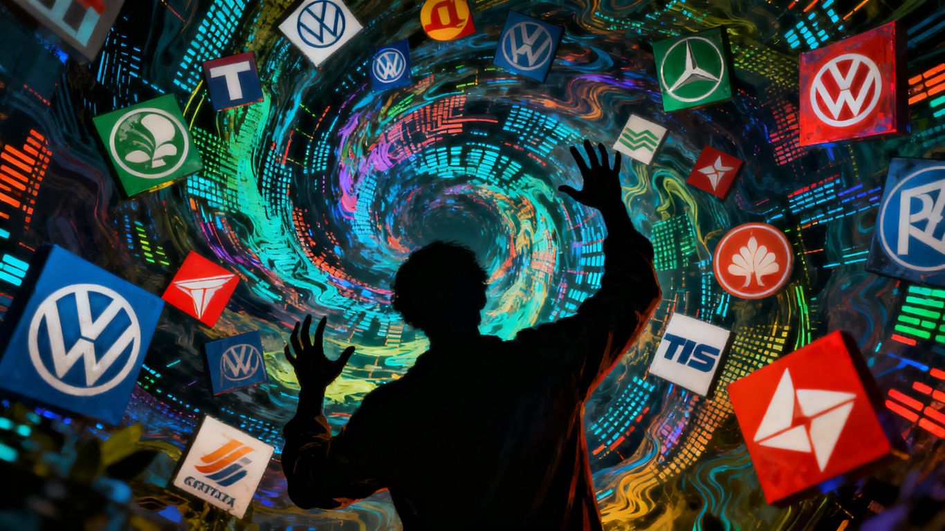 Corporate logos morphing into digital patterns, suggesting AI deception.