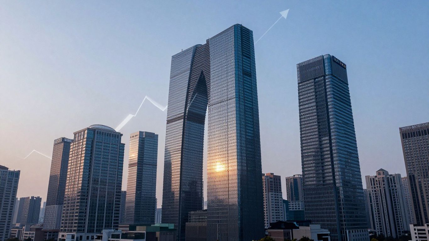 Cityscape with abstract financial growth elements.