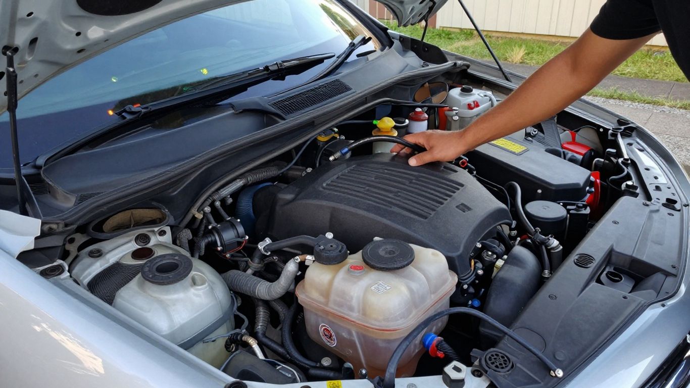 Open car bonnet with mechanic inspecting engine