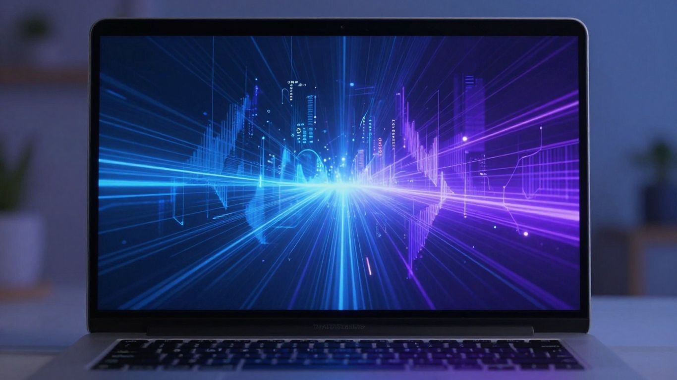 Laptop screen with abstract digital landscape