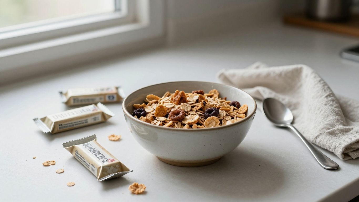 A breakfast bowl with cereal and packaged snack bars