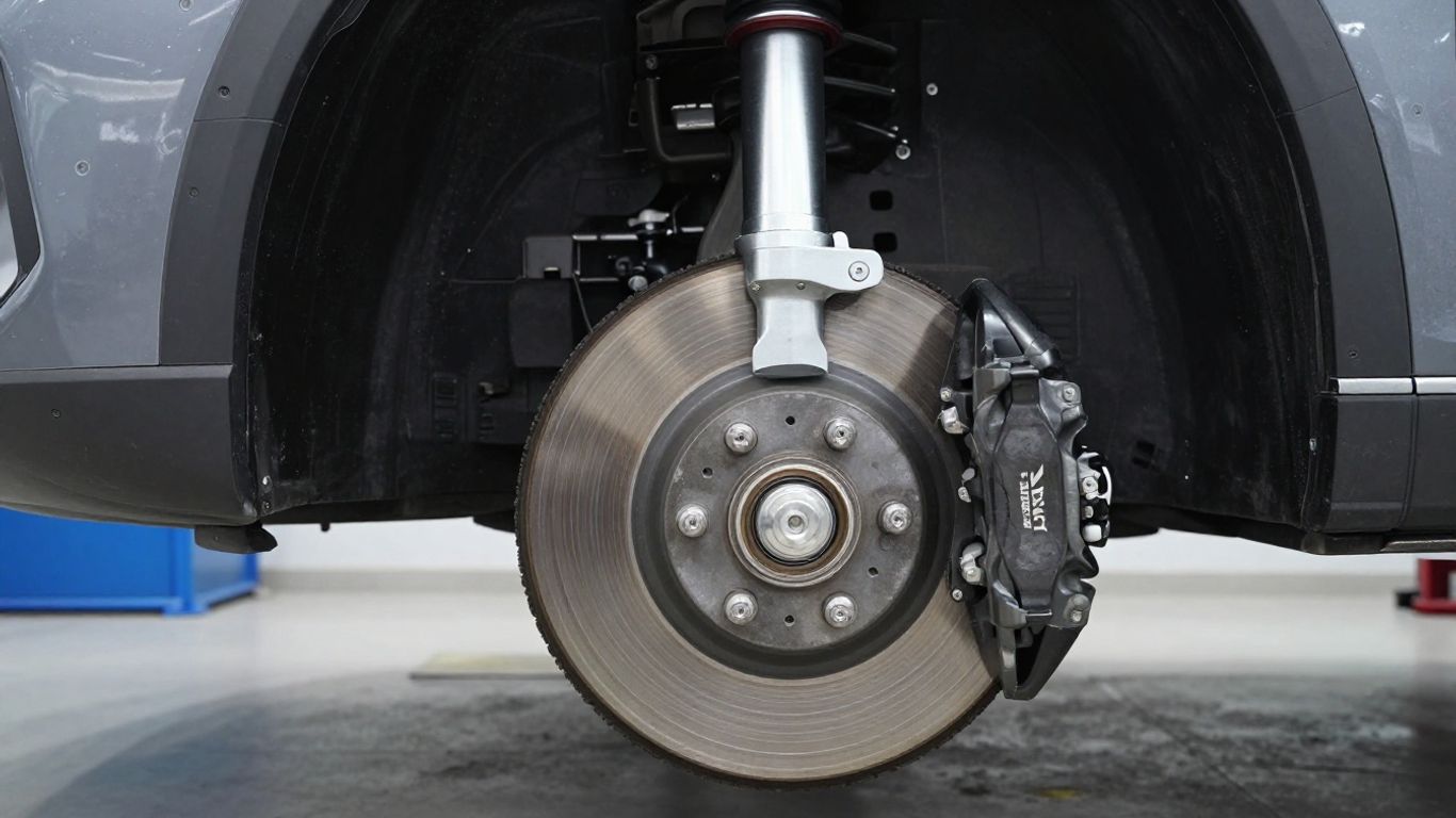 Detailaufnahme des Mehrlenker-Fahrwerks an einem angehobenen Audi A4 B9