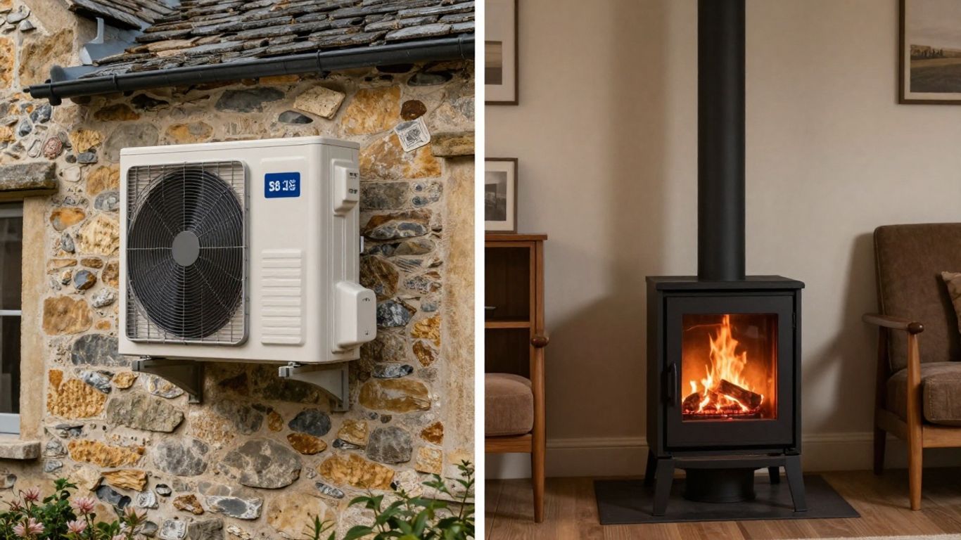 Maison ancienne avec pompe à chaleur et poêle à granulés.