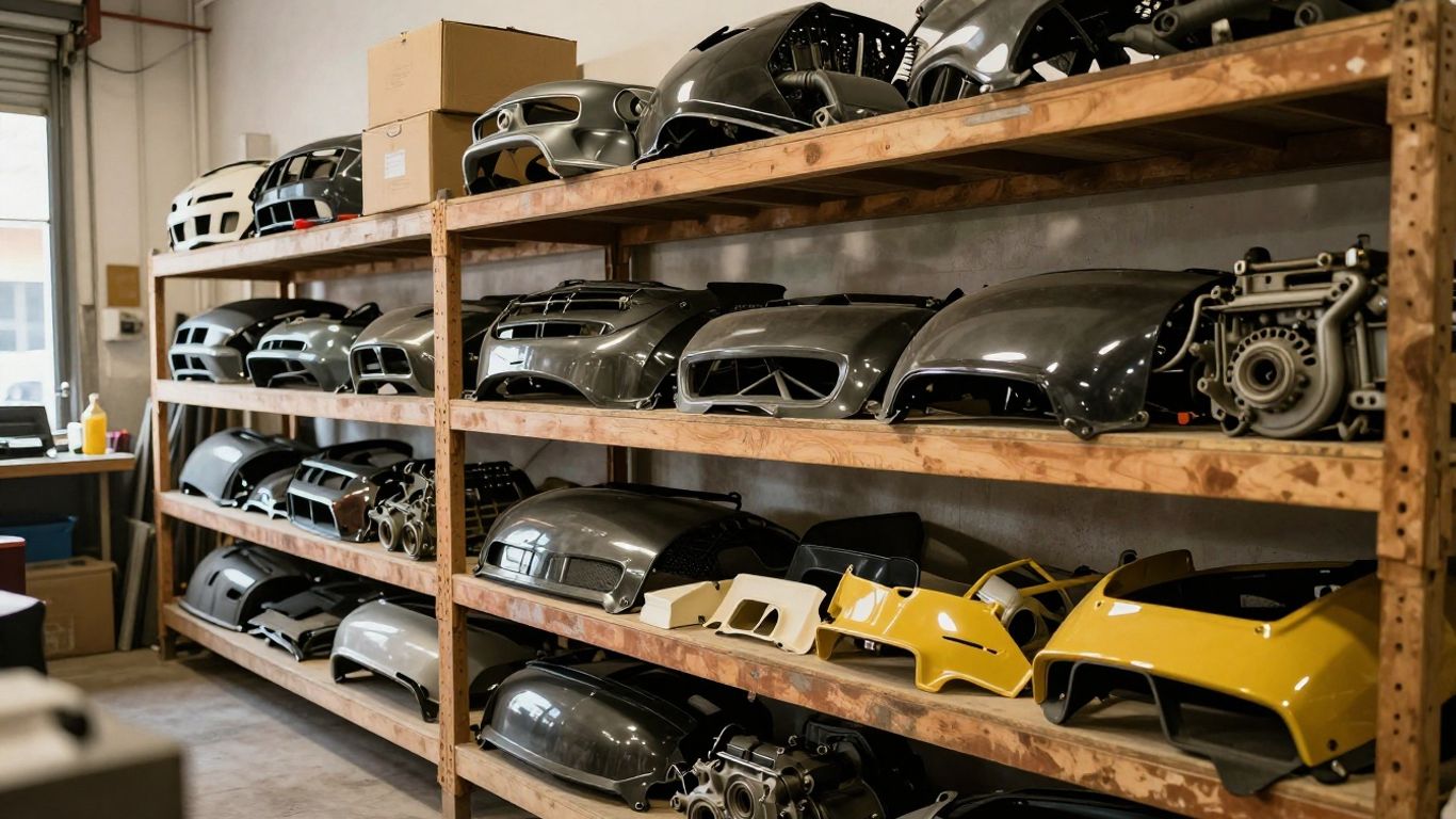 Salvaged automotive parts stack in a clean workshop