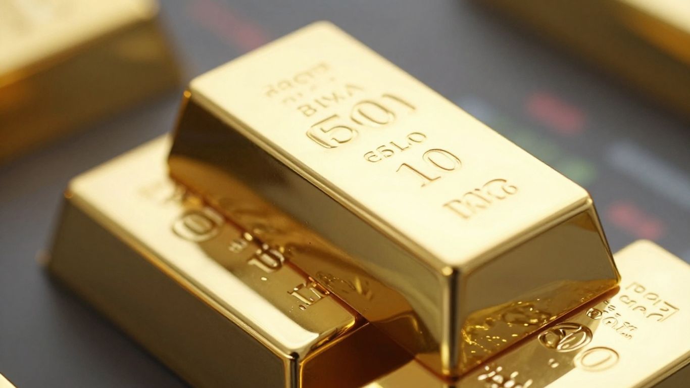 Lingot d'or brillant sur fond boursier flou.