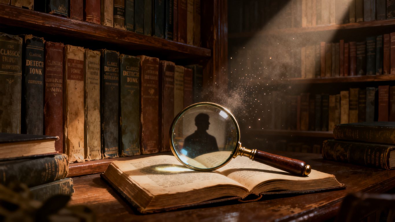 Detective novels and a magnifying glass on a table.
