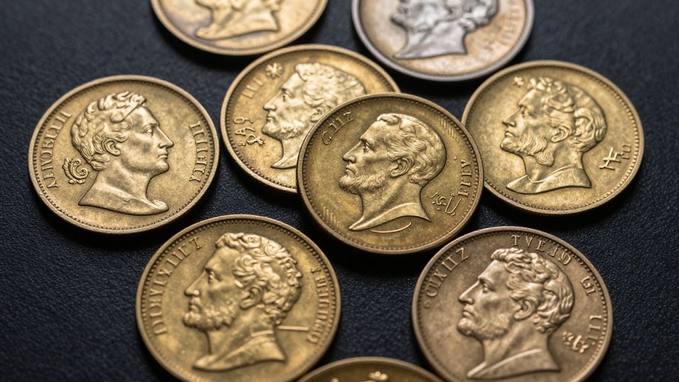 Close-up of rare coins for sale.